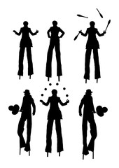 Obraz premium Clown on stilts with balloons vector silhouette isolated on white background. Street actor illustration. Juggler artist vector, Juggling with balls and pins. Clown in circus. Performer Artist acrobat.