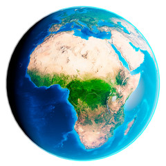 3d illustration of our planet Earth with shadows and without clouds isolated on white background. Scenic view of Africa continent from space. Elements of this image furnished by NASA. © Petr Zyuzin
