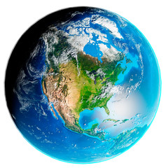 Fototapeta premium 3d illustration of our planet Earth with shadows covered by clouds isolated on white background. Scenic view of North America continent from space. Elements of this image furnished by NASA.