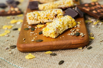 Granola Bars and chocolate with hazelnuts  