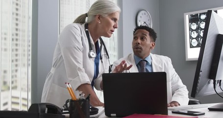 Portrait of millennial black doctor using computer while senior colleague directs him. Two doctors working inside medical office looking at computer monitor and typing - Powered by Adobe