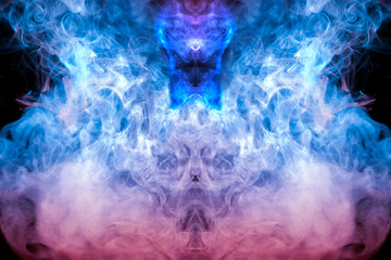 A background of pink, blue and white wavy smoke in the shape of a ghost's head or a man of mystical appearance on a black isolated ground. Bright abstract pattern of steam from vape.