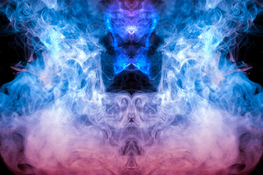 A background of pink, blue and white wavy smoke in the shape of a ghost's head or a man of mystical appearance on a black isolated ground. Bright abstract pattern of steam from vape. © Aleksandr Kondratov