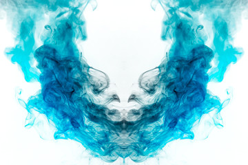 A background of blue and green wavy smoke in the shape of turned arch of mystical appearance on a white isolated ground. Bright abstract pattern of steam from vape.