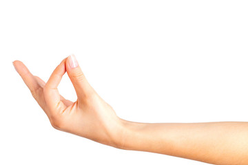 Woman hand showing mudra gesture or holding something. - obrazy, fototapety, plakaty