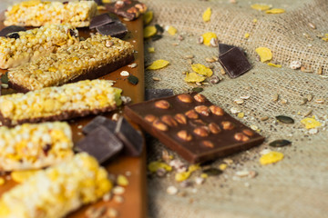 Granola Bars and chocolate with hazelnuts 