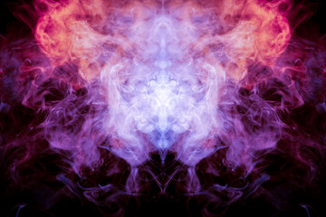 A background of pink, red and white wavy smoke in the shape of a ghost's head or a man of mystical...