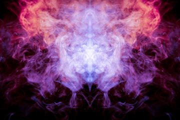 A background of pink, red and white wavy smoke in the shape of a ghost's head or a man of mystical appearance on a black isolated ground. Bright abstract pattern of steam from vape.