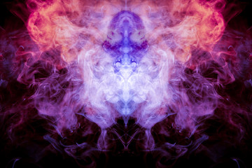 A background of pink, red and white wavy smoke in the shape of a ghost's head or a man of mystical appearance on a black isolated ground. Bright abstract pattern of steam from vape.