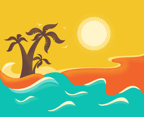 Fototapeta na wymiar Ocean waves and tropical island with palms.Vector background