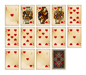 Playing cards of Hearts suit in vintage style
