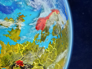 EFTA countries on planet planet Earth with country borders. Extremely detailed planet surface and clouds.