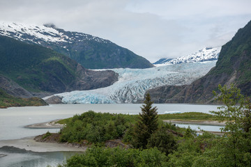 glacier and lake in the mountains