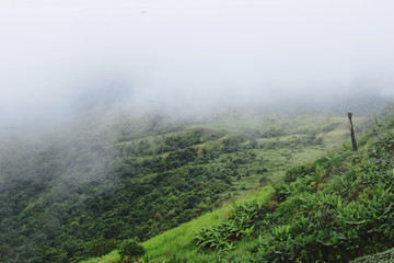 Beautiful natural scenery of mist over green mountain.