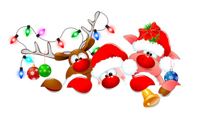 Santa Claus, deer and piglet 1. Santa Claus, deer and piglet with Christmas decorations on a white background