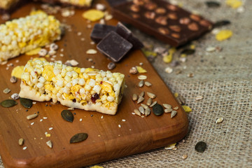 Granola Bars and chocolate with hazelnuts 