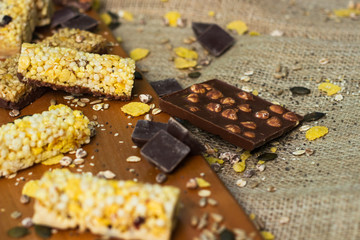 Granola Bars and chocolate with hazelnuts 
