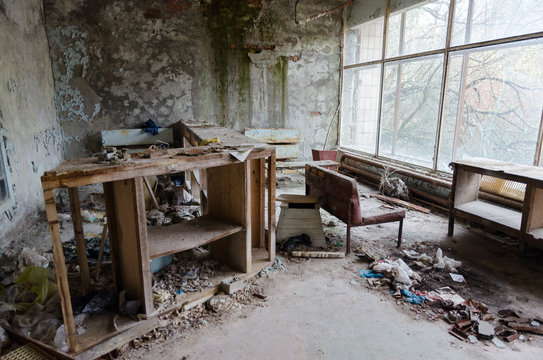 Reception Desk In Hall Of Hospital No. 126, Abandoned Ghost Town Of Pripyat (Chernobyl Nuclear Power Plant Exclusion Zone), Ukraine