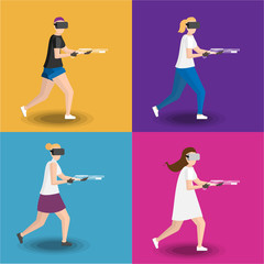 Set of four women's gaming in virtual reality glasses