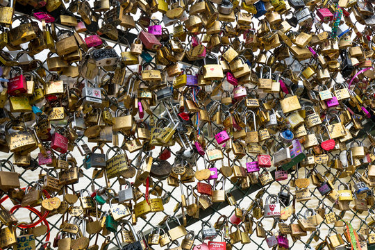 Love locks hanging in the Pont Neuf, Ile de la Cite, Paris, France.