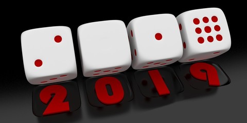 2019 Merry Christmas and Happy New Year ,3d render of a white dice on black background
