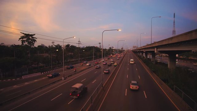 Bangkok, Thailand - November 11, 2018 :  Traffic condition on weekend of Vibhavadi Rangsit at sunset
