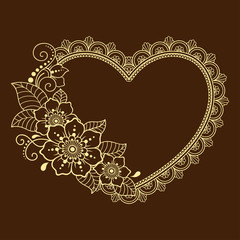 Obraz na płótnie Canvas Pattern in form of heart for Henna, Mehndi, tattoo, decoration - frame. Decorative ornament in ethnic oriental style, Indian style.. Coloring book page.