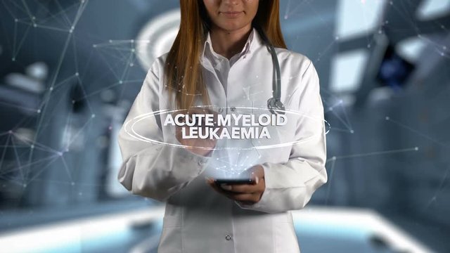 Female Doctor Hologram Word Acute myeloid leukaemia