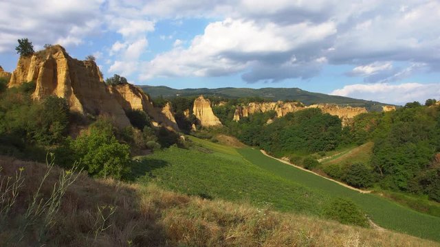 Nature landscape of the Balze, cliffs of Valdarno, Tuscany Italy. Natural cliffs made by clay and sandstone. Extreme long shot view.
