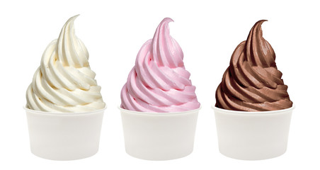 Strawberry, chocolate, vanilla soft ice cream or frozen yogurt in bowl isolated on white background