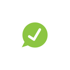 Tick icon in green bubble speech vector icon, green round checkmark isolated on white, checked icon or correct choice sign, check mark or checkbox