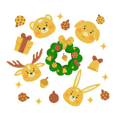Set of cute animals, Christmas design. Pig, deer, bear, rabbit in cartoon style. 