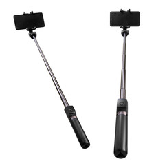 Selfie stick monopod and cellphone isolated on white with clipping path