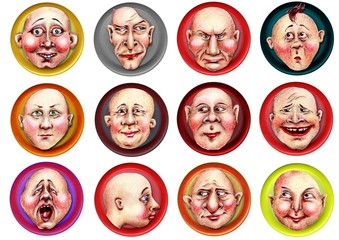 Besonderes Smiley Button Set, Emoticons, Mimik, Gesichter, Illustration von Kathrin Schwertner