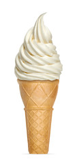 Vanilla soft serve ice cream or frozen yogurt in cone isolated on white background