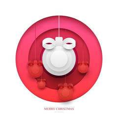 Toy of ball in paper cut trendy craft cartoon style. Christmas, new year modern design for advertising, branding background greeting card, cover, poster, banner. Vector illustration.
