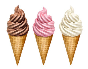 Strawberry, vanilla and chocolate soft ice creams or frozen yogurt in cone isolated on white background