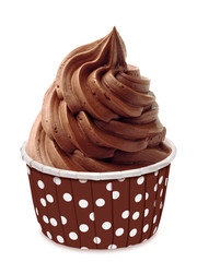 Chocolate soft serve ice cream or frozen yogurt in cone isolated on white background