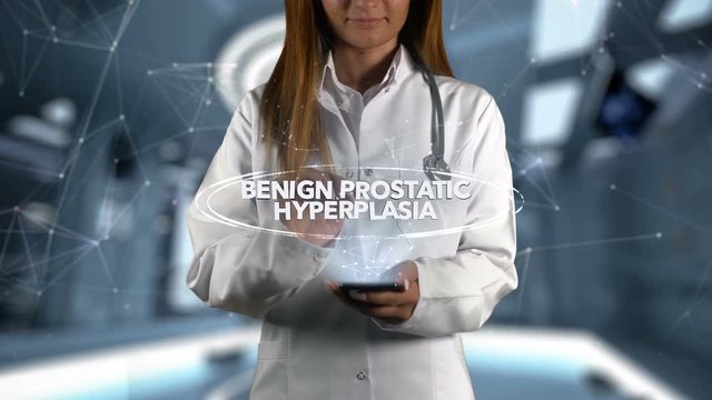 Female Doctor Hologram Word Benign prostatic hyperplasia