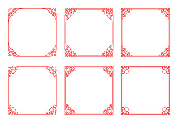Vector set of square red frames with hearts, flourishes, curls in vintage art deco style