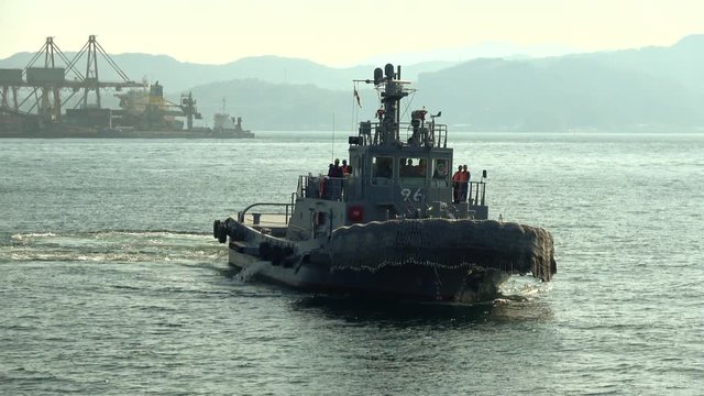 Tugboat, towboat, tug, sailing in the sea, 4K
