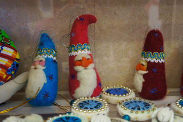 Santa Claus toy dolls made form wool in store for sale,Russia.
