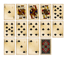 Playing cards of Clubs suit in vintage style