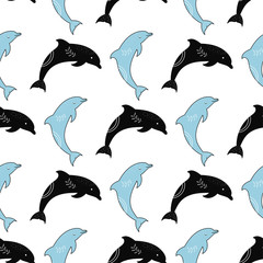 Obraz premium Seamless pattern with dolphins. Marine background