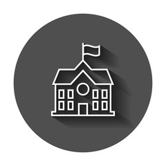 School building icon in flat style. College education vector illustration with long shadow. Bank, government business concept.