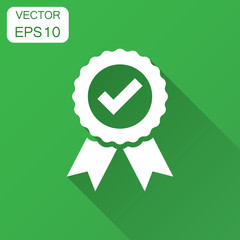 Approved certificate medal icon in flat style. Check mark stamp vector illustration with long shadow. Accepted, award seal business concept.