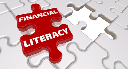 Financial literacy. The inscription on the missing element of the puzzle. Folded white puzzles elements and one red with word FINANCIAL LITERACY. 3D Illustration