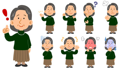 緑のセーターを着たシニアの女性　9種類のポーズのセット
