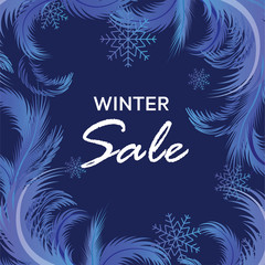 Fototapeta na wymiar Winter sale vector banner with frosty pattern, sale text and snow flakes for retail seasonal promotion. Vector illustration.