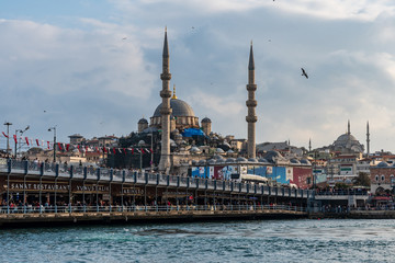Fototapeta na wymiar New Mosque in Istanbul with flying birds and crowd of people at the Galata bridge in the foreground